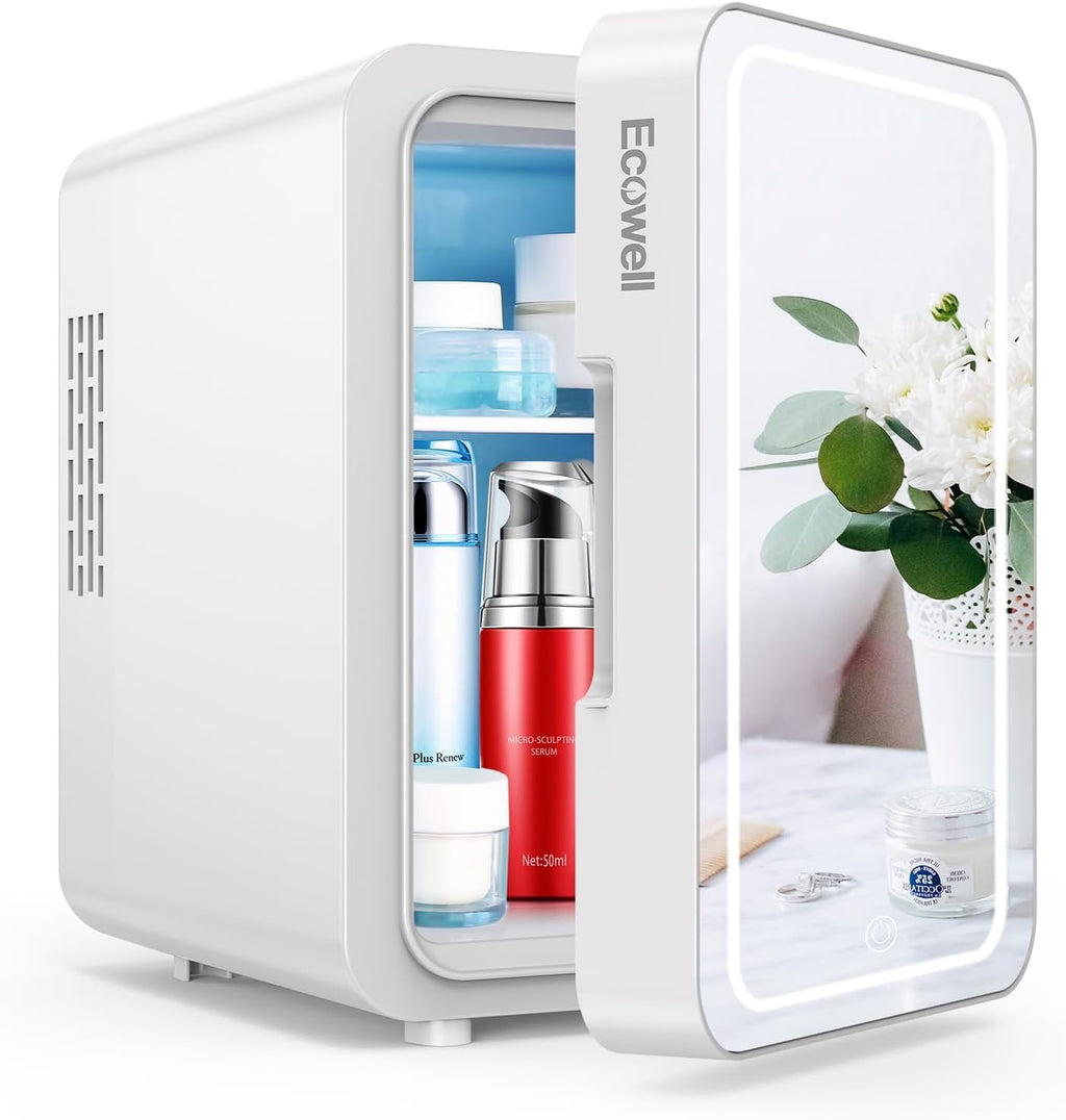Mini Skincare Fridge with LED Mirror, 4L/6Can Skin Care Fridge for Makeup Cosmetic Beauty, Small Refrigerator for Bedroom Office Dorm Car, Cooler & Warmer, White