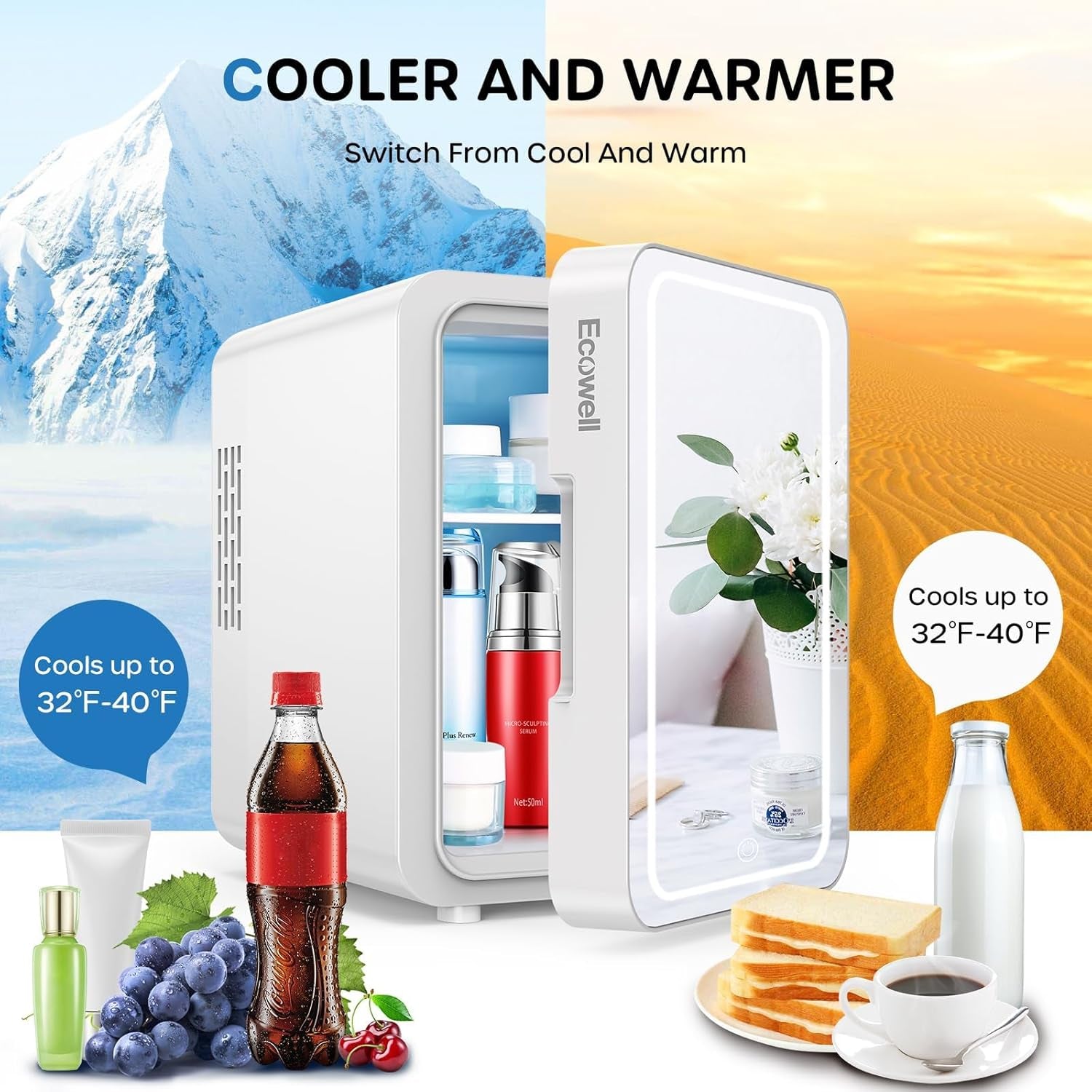Mini Skincare Fridge with LED Mirror, 4L/6Can Skin Care Fridge for Makeup Cosmetic Beauty, Small Refrigerator for Bedroom Office Dorm Car, Cooler & Warmer, White