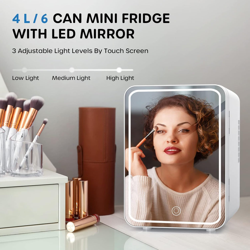 Mini Skincare Fridge with LED Mirror, 4L/6Can Skin Care Fridge for Makeup Cosmetic Beauty, Small Refrigerator for Bedroom Office Dorm Car, Cooler & Warmer, White
