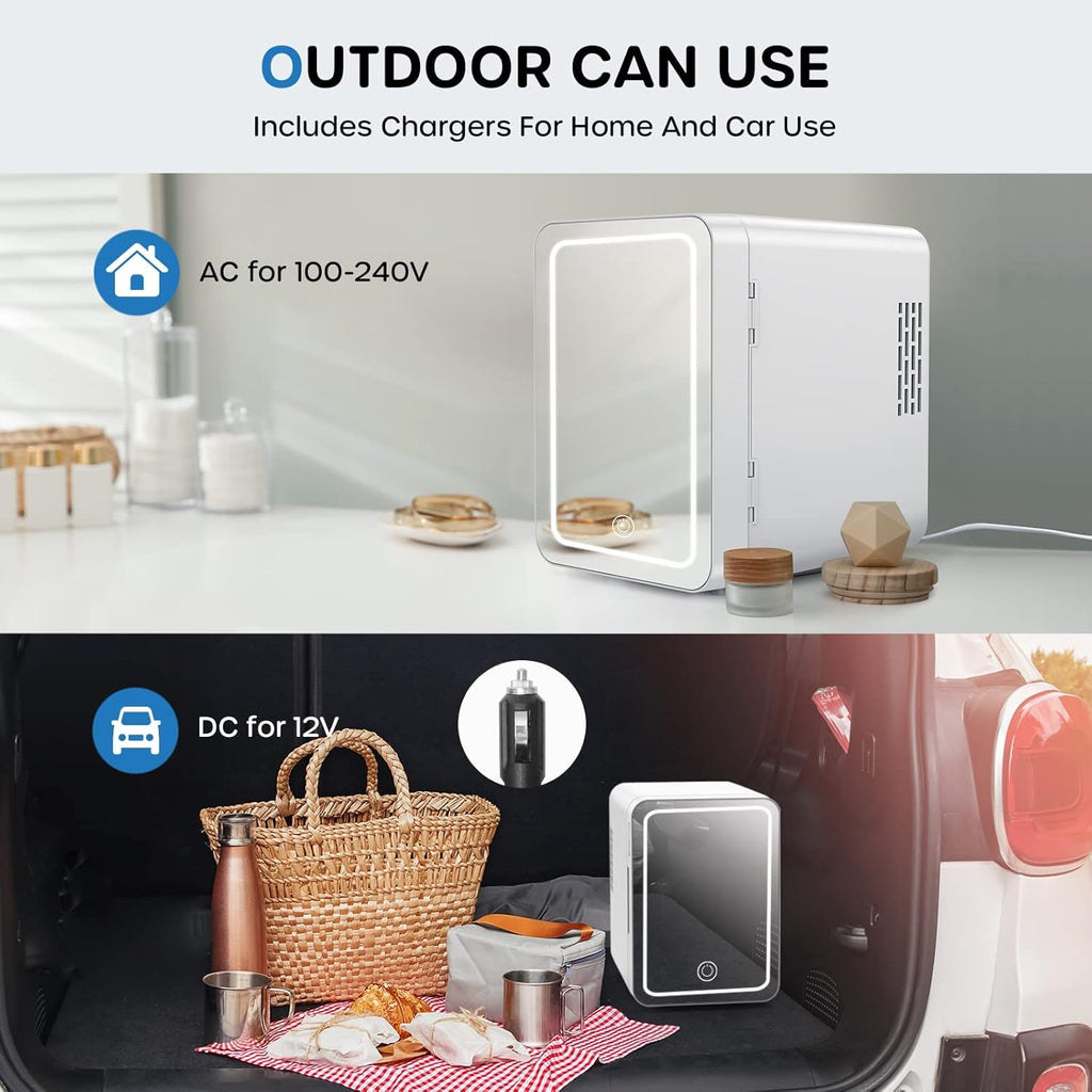 Mini Skincare Fridge with LED Mirror, 4L/6Can Skin Care Fridge for Makeup Cosmetic Beauty, Small Refrigerator for Bedroom Office Dorm Car, Cooler & Warmer, White