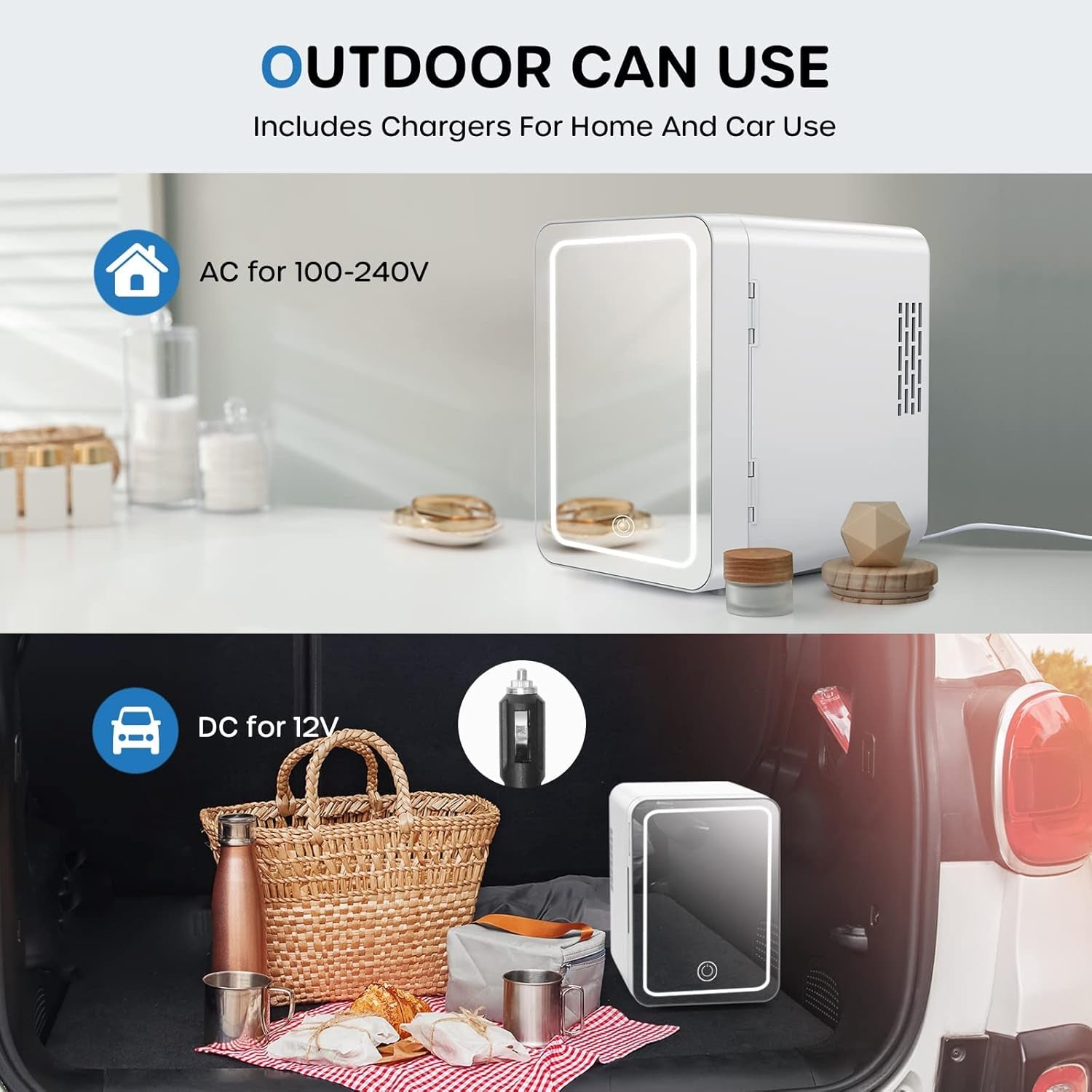 Mini Skincare Fridge with LED Mirror, 4L/6Can Skin Care Fridge for Makeup Cosmetic Beauty, Small Refrigerator for Bedroom Office Dorm Car, Cooler & Warmer, White