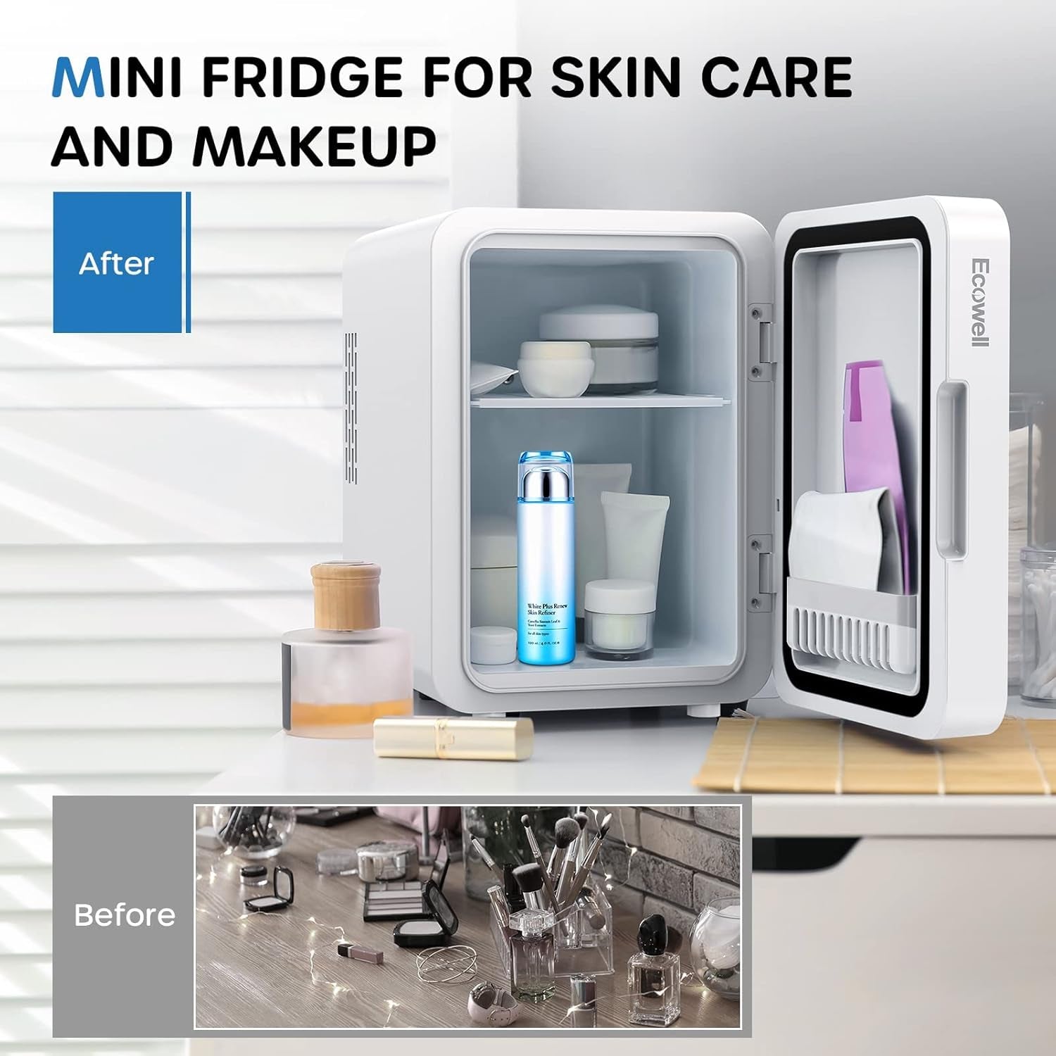 Mini Skincare Fridge with LED Mirror, 4L/6Can Skin Care Fridge for Makeup Cosmetic Beauty, Small Refrigerator for Bedroom Office Dorm Car, Cooler & Warmer, White